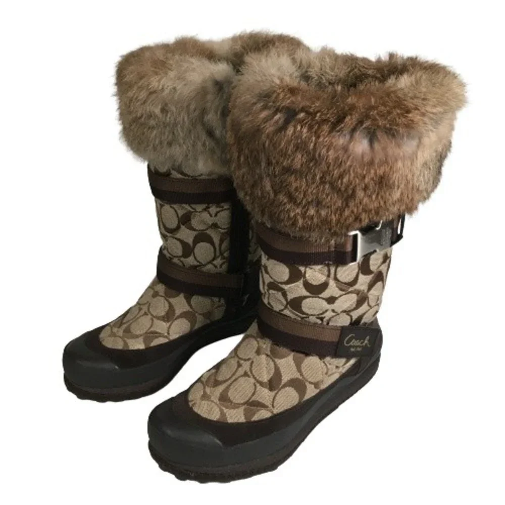 Coach Mariette Winter Snow Boot Sz 6M A7185 Signature Canvas Suede Fur Trim